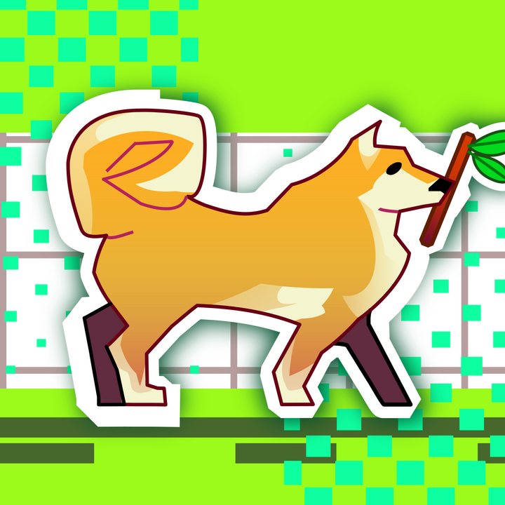 A vector image of a shiba inu holding a stick. The dog is facing to the right whilst she poses sideways